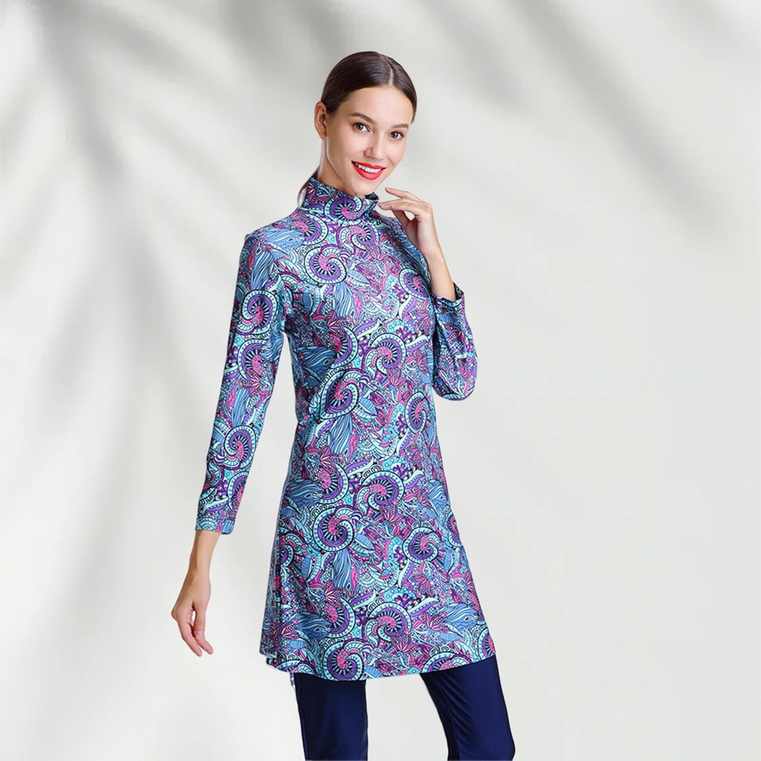 

New 2-piece Muslim women s swimsuit full-cover burkini top and pants set fashionable printed swimsuit for women full Muslim women s swimsuit modest S бежевий