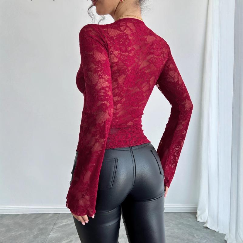 2025 Autumn Winter New Women's Sexy Lace Slim V-neck Long-sleeved T-shirt Top