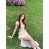 French Temperament Waist Dress Women's Summer New Design Irregular Ruffle Edge Suspender Long Trailing Skirt Tide