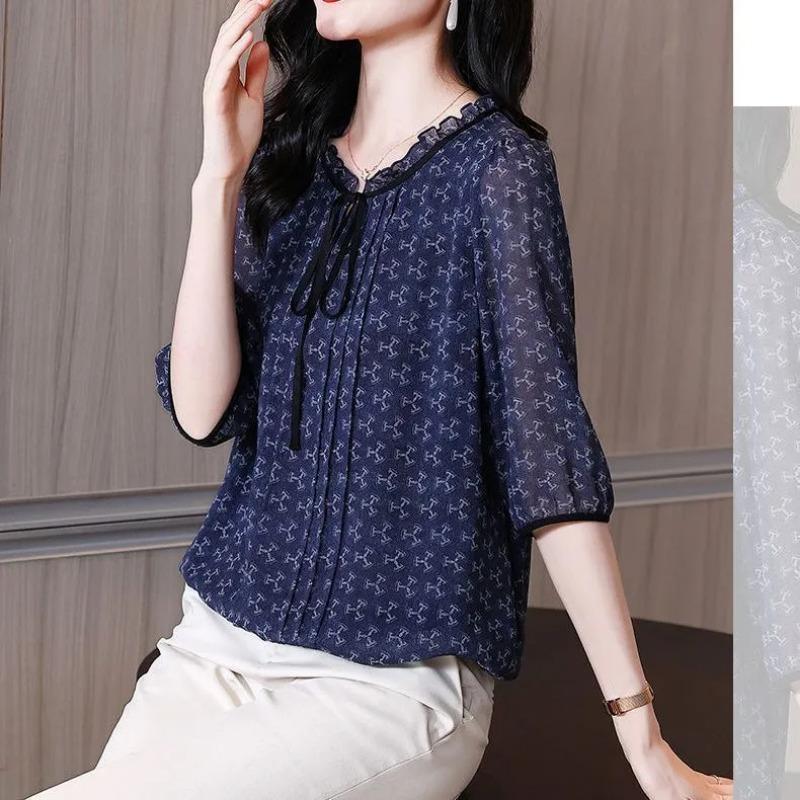 Printed Shirt Women's Summer Short-sleeved Lace Bow Stand Top New Fashion Style Versatile