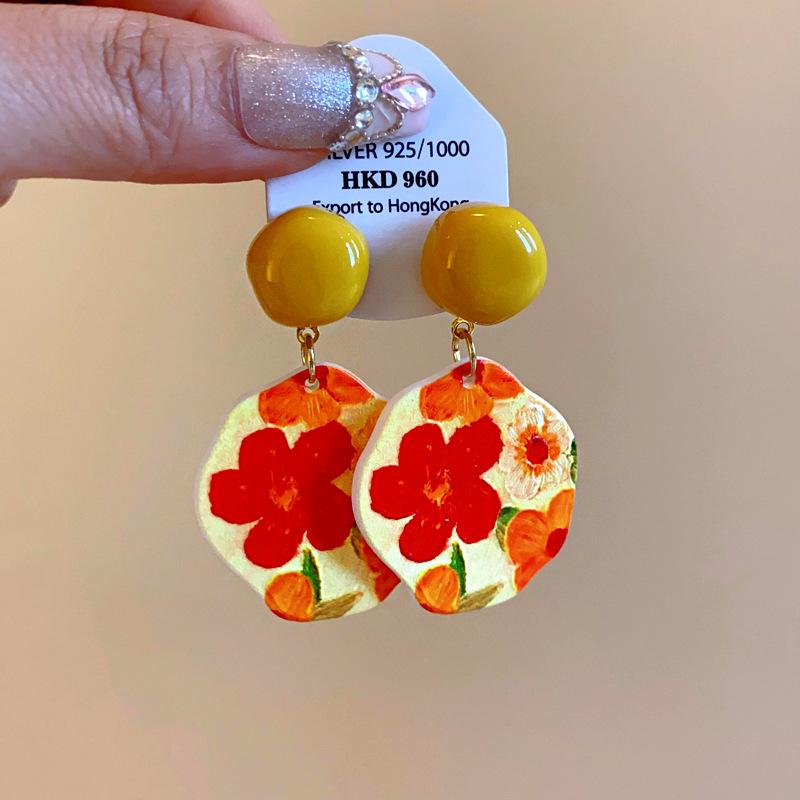 Silver Needle Acrylic Irregular Flower Earrings Pastoral Oil Painting Sweet Fashion Earrings High-end Versatile Earrings