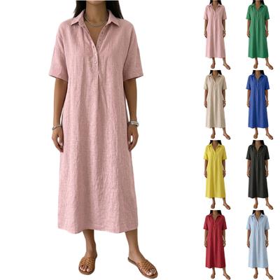 Women's Straight And Comfortable V-neck Linen Short-sleeved Dress