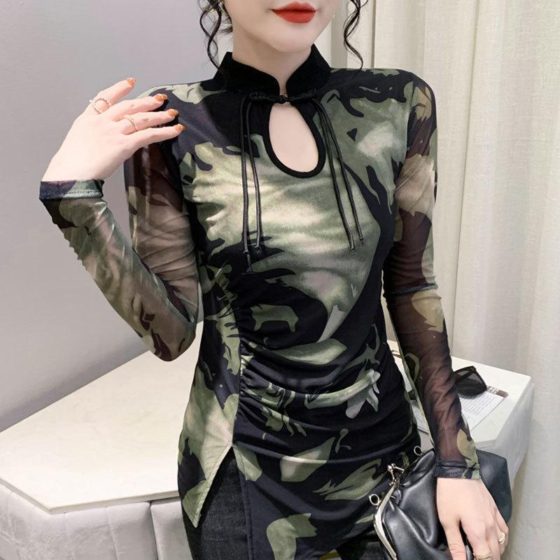 

Ретро-рубашка с принтом на пуговицах для женщин на осень и зиму в китайском стиле, топ-чонсам, сетчатая футболка с длинными рукавами M зелёный