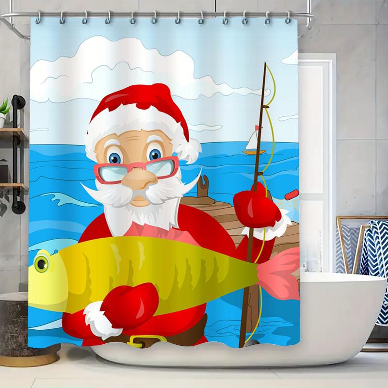 Tu Santa Claus Fishing Shower Curtain Festive Holiday Bathroom Decor Waterproof Christmas Themed Backdrop For Tub