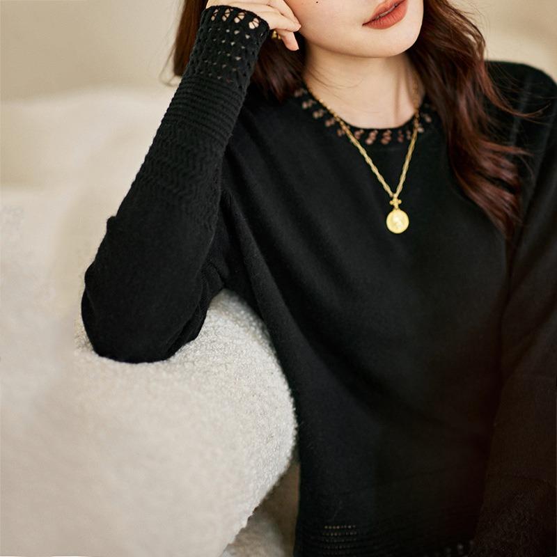 

Однотонный свитер с круглым вырезом, простой темпераментный, для работы, новый осенне-зимний свитер с подкрученным краем, с прорезями, вязаный свитер с ажурным низом для женщин One size чёрный