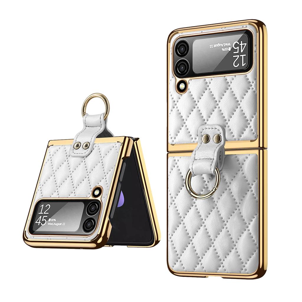Vietao Luxury Leather Phone Case for Samsung Galaxy Z Flip 7/6/5/4/3 with Gold Plated Ring Stand - Lens Film Protection, Pink