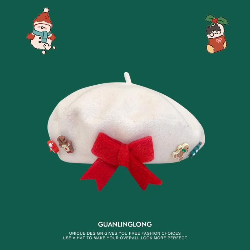 Bow christmas beret girl parent-child children's hat woolen thermal hat christmas gift painter hat