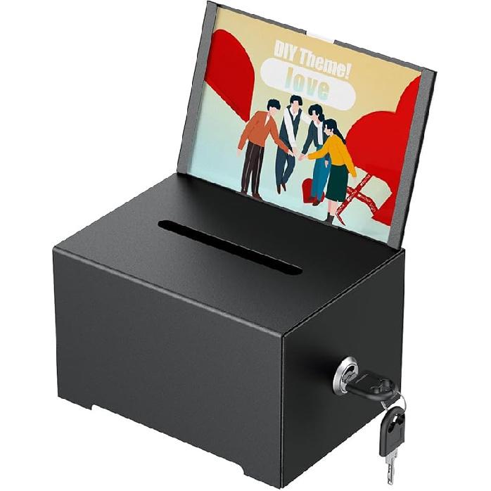 Uniclife Metal Donation Box for Fundraising, Suggestion Box with Slot and Lock, Black Ballot Boxes with Sign Holder, Storage Container for Voting
