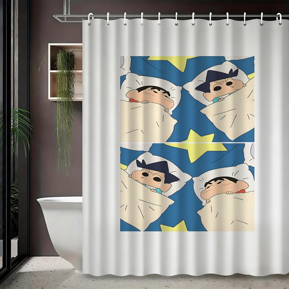Crayon Shin-Chan Funny Character Scene 2D Print Waterproof Shower Curtain, Blue Bathroom Decor With Hooks