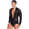 Mens Salsa Dance Leotard Deep V Neckline Sheer Mesh Inserts Sequined Tassel Details Rhinestone Bodysuit