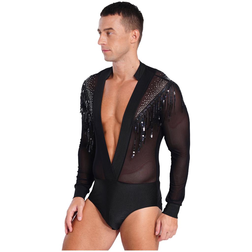 Mens Salsa Dance Leotard Deep V Neckline Sheer Mesh Inserts Sequined Tassel Details Rhinestone Bodysuit