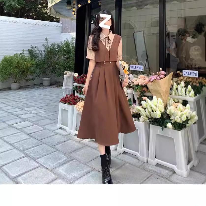 Large size suit skirt covering meat high waist splicing fake two-piece dress women's summer and Korean college style age-reducing dress