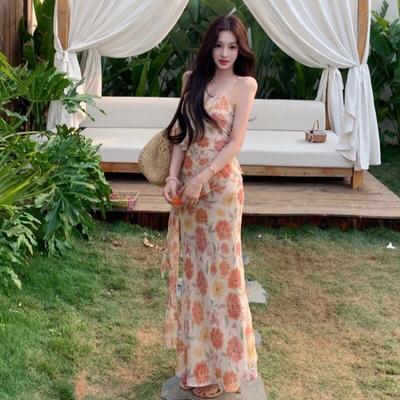 Holiday Style Floral Suspender Dress Women's Summer Ruffle Edge Split Skirt Spice Girl Slim Waist Hip Long Dress
