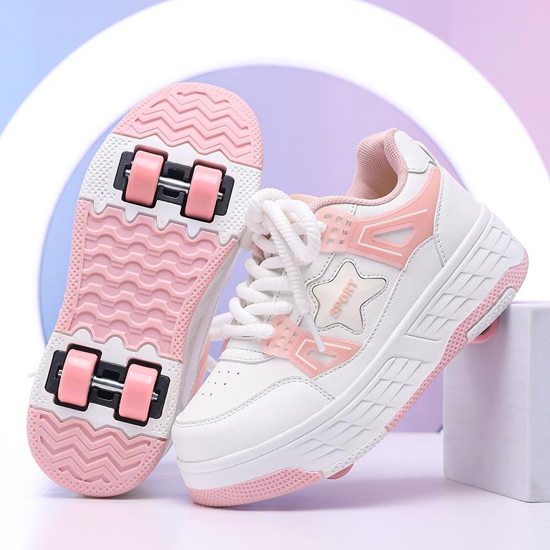 Chaussures Vélo Garçons Filles Adolescents Baskets à Roulettes Chaussures à Poulie Invisible Quatre Roues Amovibles Chaussures Vélo