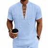 Men's Linen‑Blend Lace‑Up Stand‑Collar Shirt, Crisscross Tie Front V‑Neck, Short Sleeve, Breathable Relaxed‑Fit Medieval Renaissance Casual Summer Top