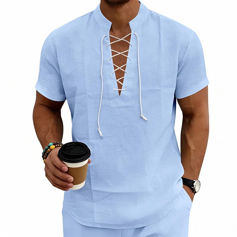 Men's Linen‑Blend Lace‑Up Stand‑Collar Shirt, Crisscross Tie Front V‑Neck, Short Sleeve, Breathable Relaxed‑Fit Medieval Renaissance Casual Summer Top