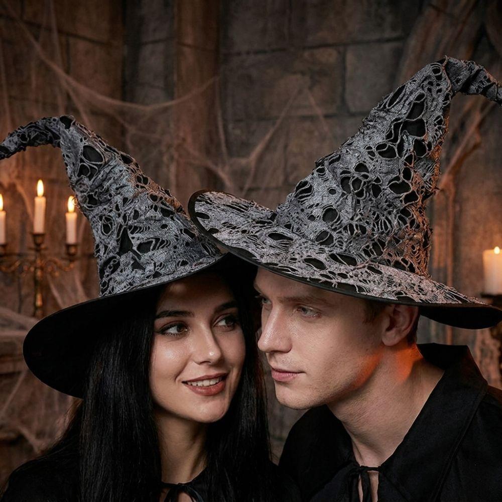 Large Wide Brim Ripped Tattered Witch Hat Tall Pointed Cone Top Pointed Mage Hat Halloween Party