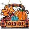 Retro Plaid Pickup Truck Decor Hello Fall Wooden Hanging Sign, Ornaments, Wall Pendant Front Door with Pumpkin And Maple Leaf for Autumn Harvest