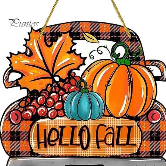 Retro Plaid Pickup Truck Decor Hello Fall Wooden Hanging Sign, Ornaments, Wall Pendant Front Door with Pumpkin And Maple Leaf for Autumn Harvest