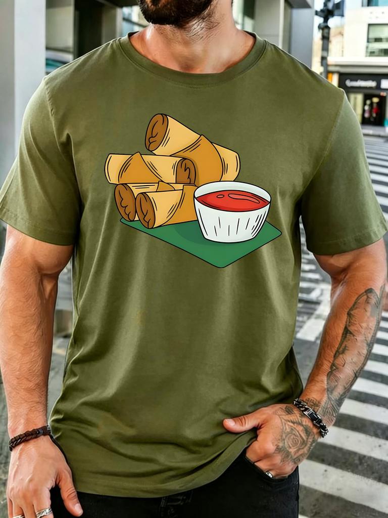 Unisex Cotton Tee Cartoon Spring Rolls Chili Dipping Sauce Graphic Short Sleeve Tshirt For Asian Food Fans Daily Casual Street Top