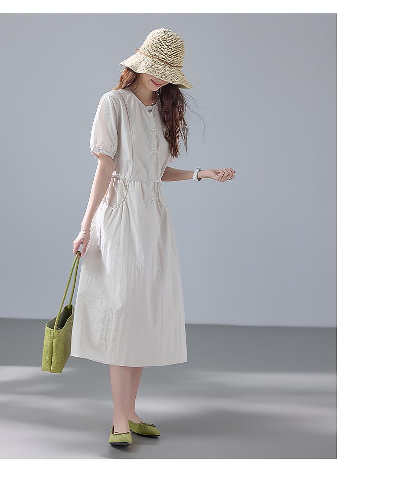 Fenghe Korean Style Summer Lazy Light and Thin Round Neck Waist Short Sleeve Dress