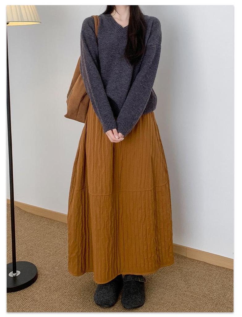 Women's High-Waisted Textured A-Line Mid-Length Skirt - Autumn/Winter Retro Pumpkin Fluffy Design