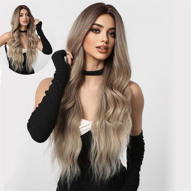 & Fluffy Brown Lazy Hair Natural Medium Gradient Wig Wigs Long Curly Wig Full-Head