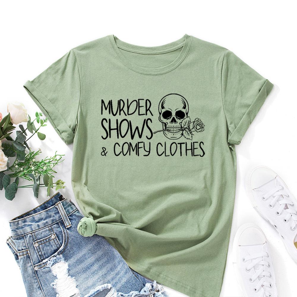 Skull Rose Alphabet Cotton T-Shirt Short Sleeve Round Neck Women 2d Print Tops