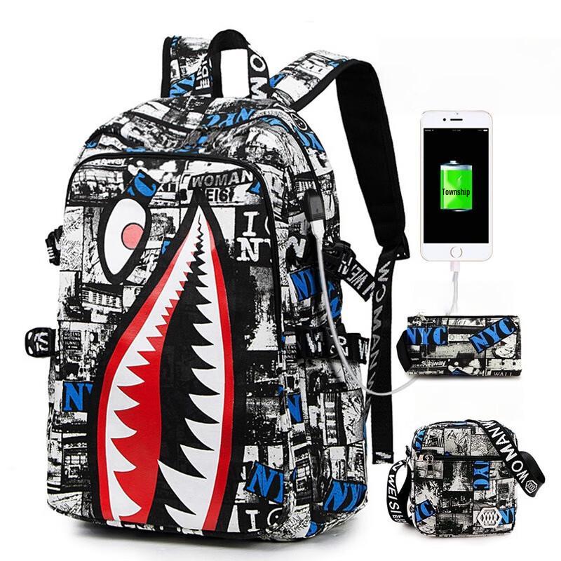 Fashionable Shark Print Backpack Set