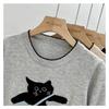 Women Cute Cat Print Short Sleeve Knit Top Round Neck Casual Sweater