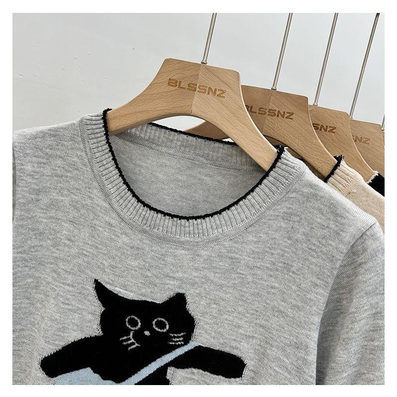 Women Cute Cat Print Short Sleeve Knit Top Round Neck Casual Sweater
