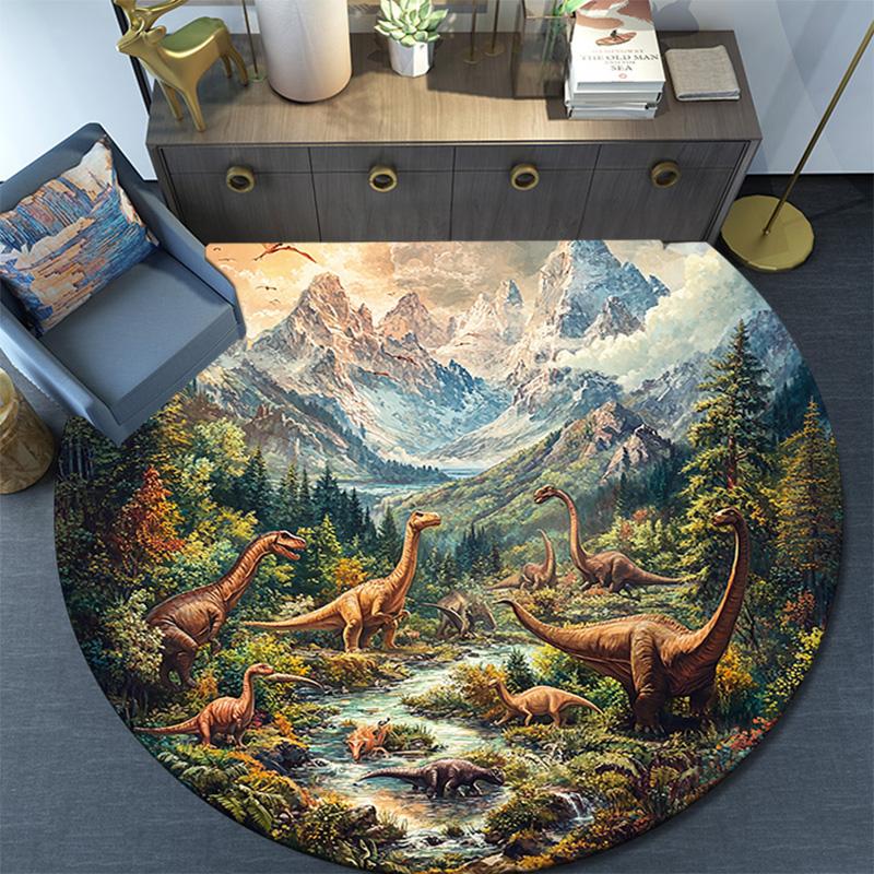 Dinosaur Landscape Round Area Rug,Carpet Rug for Living Room Bedroom Sofa Playroom Decor,Non-slip Floor Mat