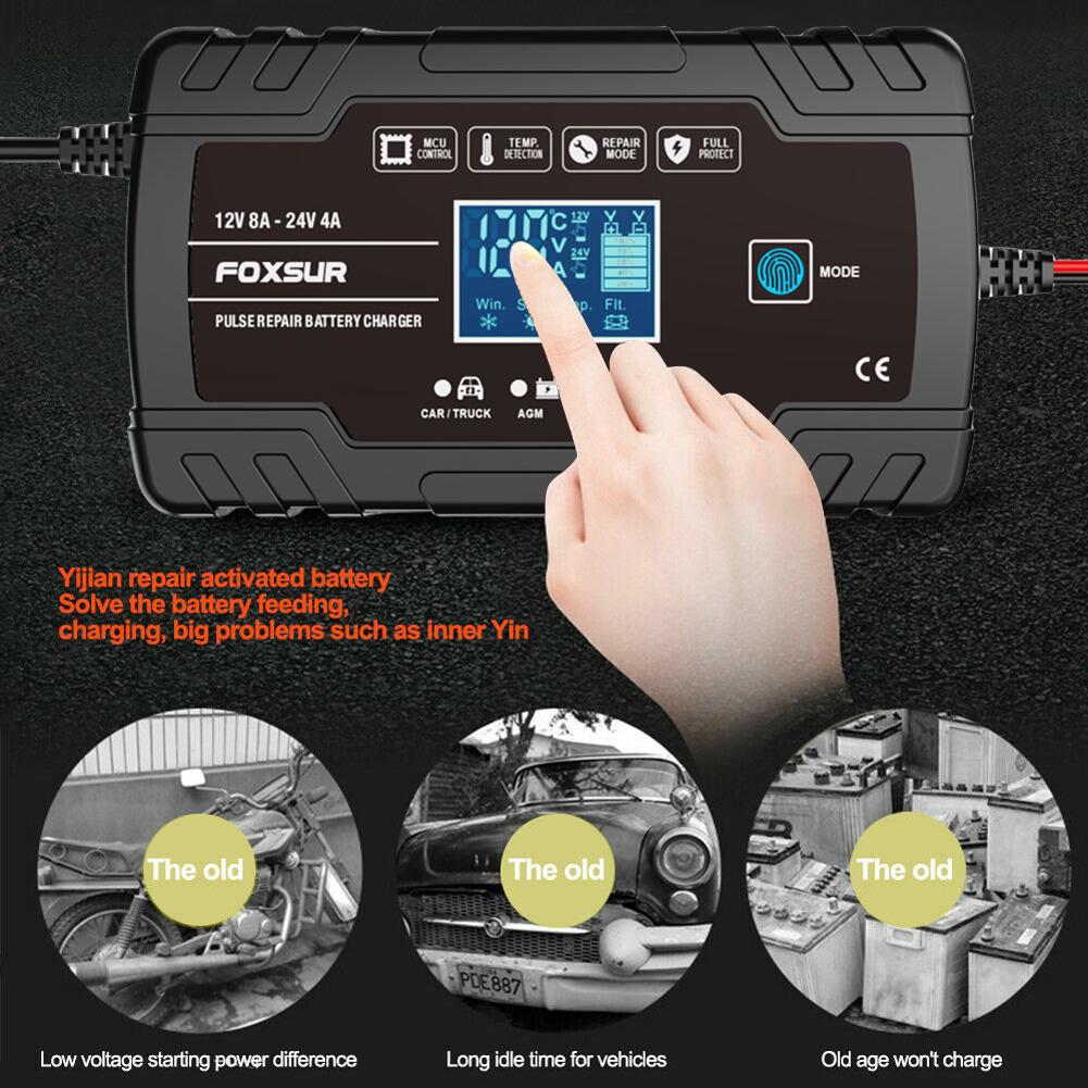 Smart Battery Charger 3-stage 12V 24V 8A Digital Car Battery Charger LCD Display Automatic Battery Charger for Lead-Acid GEL AGM