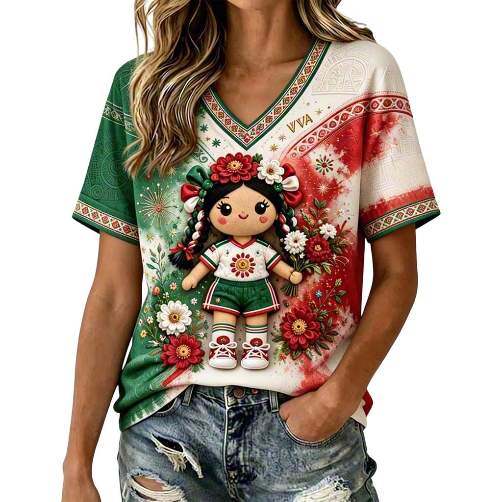Women's Mexico Inspired V-Neck Short Sleeve Printed T-Shirt for Casual Everyday Wear