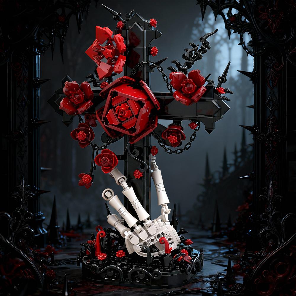 Gobricks MY OWN CREATION Gothic Skull Cross Black Rose Building Blocks Jesus Cross Black Rose Skull Hand Blocks Miniature Playthings Present