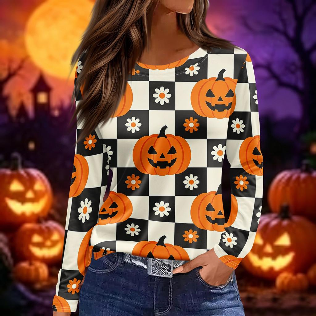 Womens Halloween Print Long Sleeve Top Round Neck Casual Pullover Shirt with Side Slit Hem Lightweight Stretchy Fabric