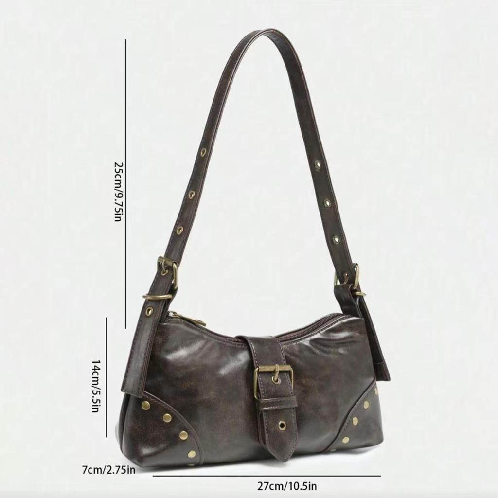 Vintage Distressed Melard Tone Studded Y2K Underarm Shoulder Bag for Women, Fashion Top Handle Handbag, Retro Punk Purse
