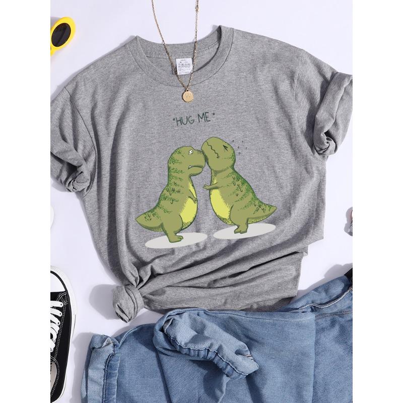 Hug Me Kawaii Green Little Dinosaur Women T-Shirt Summer Casual T Shirts Street Hip Hop Crop Top Personality Breathable T Shirt
