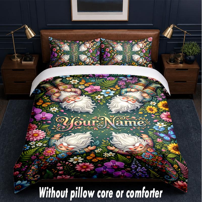 Set Biancheria da Letto a Tema Gnomo con Testo o Nome Personalizzato, 3 Pezzi, 1 Lenzuolo Sotto con Angoli & 2 Federe, Biancheria da Letto Personalizzata per la Casa