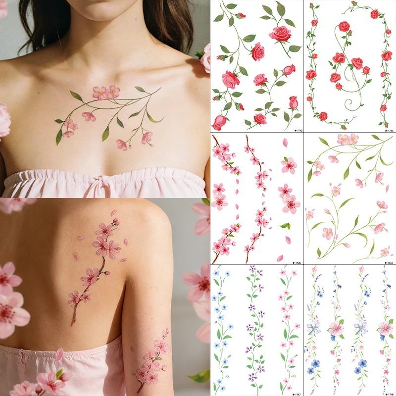 Frühling Sommer Blumen Temporäres Tattoo Aufkleber Wasserdicht Kirschblüten Rosen Tattoo Aufkleber Für Frauen Fake Tattoo Aufkleber