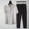 Summer Fashionable Trendy Men's 2-Piece Set Casual Sports Suit Shawl Collar White Short Sleeve T-Shirt