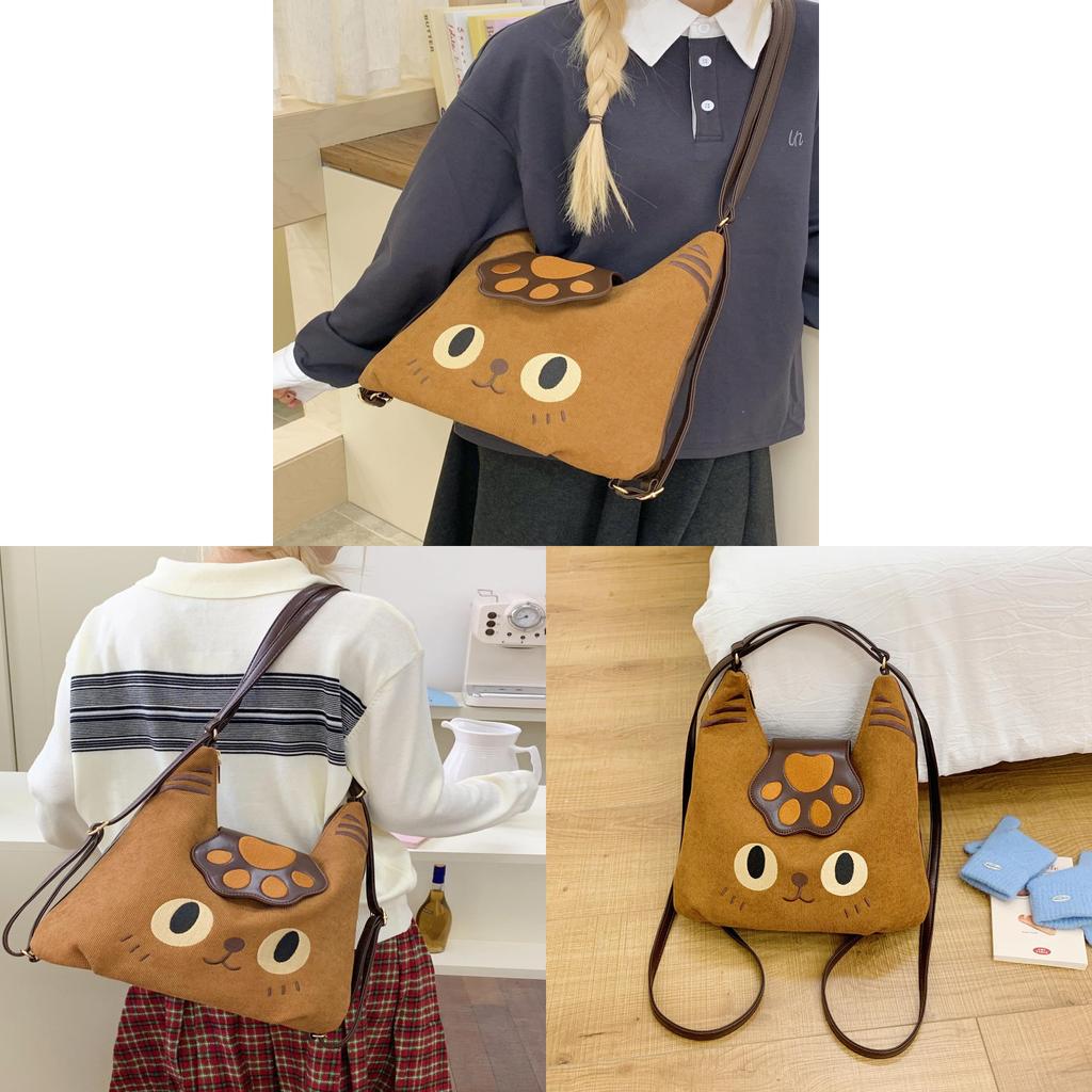 Cartoon Cat Tote Bag With Embroidered Animal Details And Zipper Closure For Office And Casual Wear