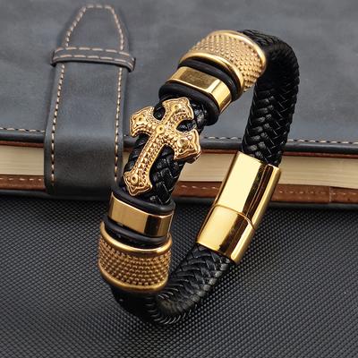MingAo 2025 Mode Vakuumpläterad Guld Enkelt Lager Kors Läderarmband Berlockarmband Herr Handjuvel för Kvinnor