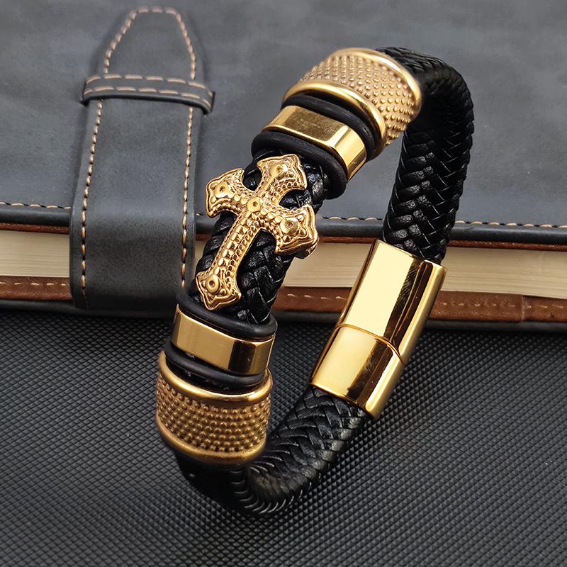 Fashion Vacuum Plating Gold Single Layer Cross Leather Bracelet  Charm Bracelet Men s Hand Jewelry for Women 21cm