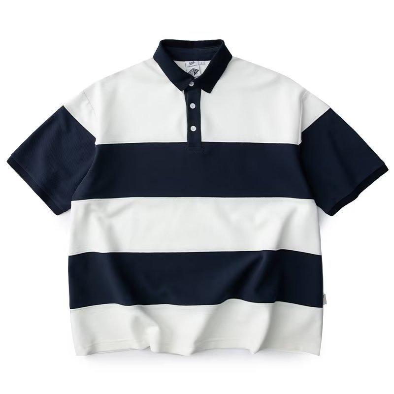 Men's Color Block Stripe Polo Shirt Casual Short Sleeve Loose Fit Streetwear Top
