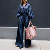 Autumn 2025 Solid Color Cotton Linen Two-Piece Set: Long Sleeve Shirt & Wide Leg Pants
