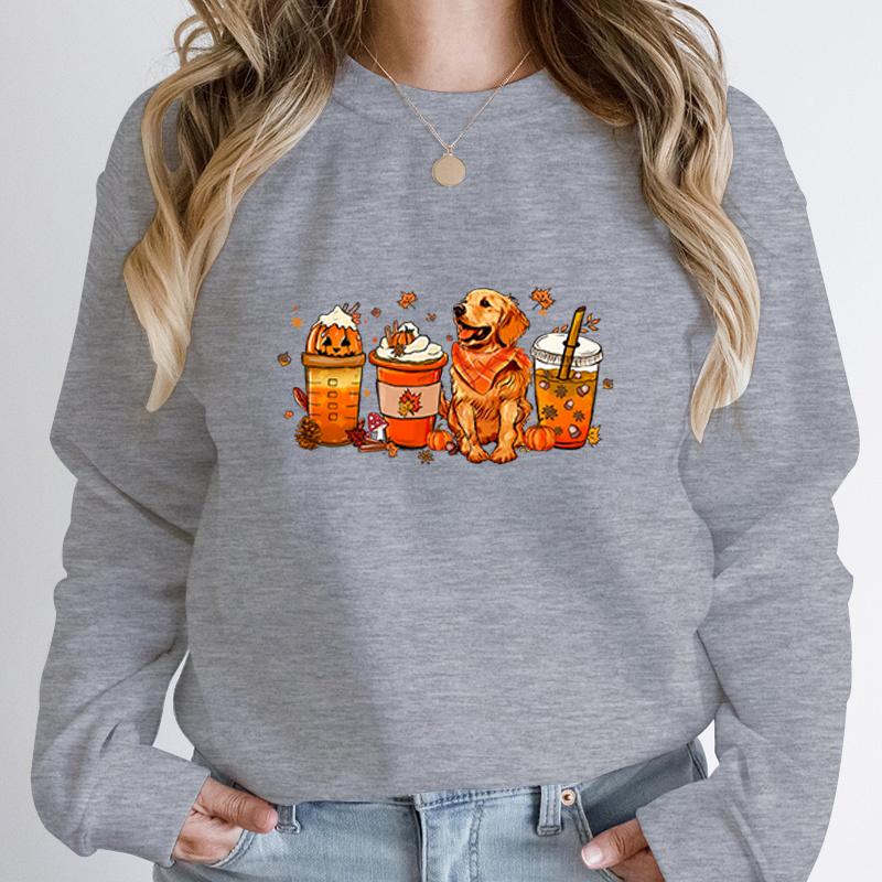 Fall Pumpkin Coffee Golden Retriever Print Sweatshirts Autumn Winter Long Sleeve Round Neck Pullovers Casual Hoodless Sweatshirt