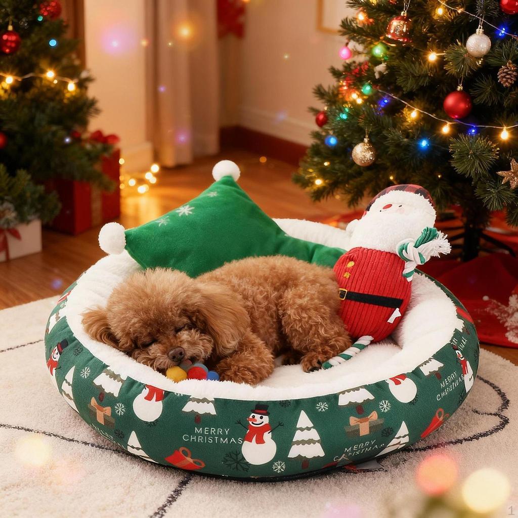 Christmas Pet Bed Dog Cat Round Kennel Mat Winter Warming Puppy Kitten Nest Cushion for Small