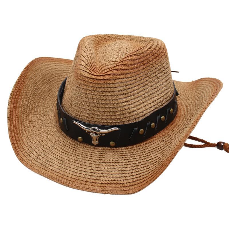 Western Cowboy Straw Hat Tibetan Sun Hat Bull Head Jazz Hat Sun Protection Hat Sun Shade Beach Hat