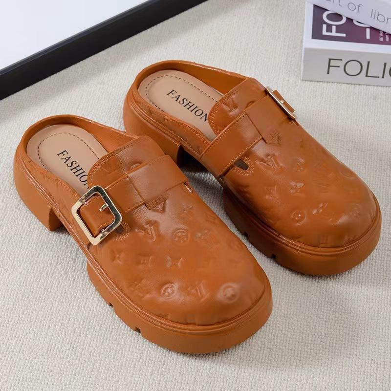 New fashionable solid color bag head sandals casual indoor and outdoor wear flat beach one pedal women's half pack of sandals